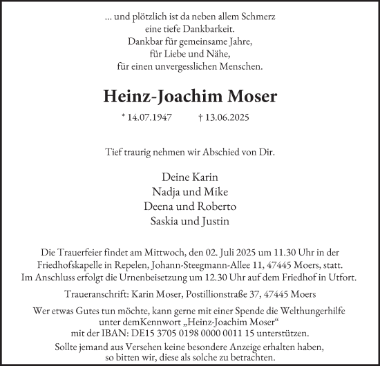 Traueranzeige von Heinz-Joachim Moser von Tageszeitung