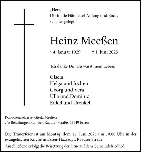 Traueranzeige von Heinz Meeßen von Tageszeitung