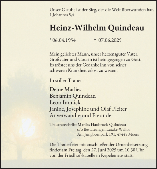 Traueranzeige von Heinz-Wilhelm Quindeau von Tageszeitung