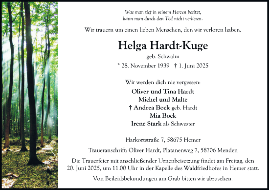 Traueranzeige von Helga Hardt-Kuge von Tageszeitung