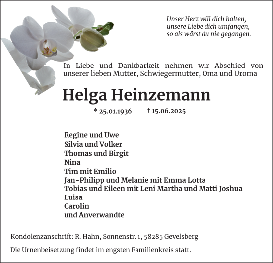 Traueranzeige von Helga Heinzemann von Tageszeitung