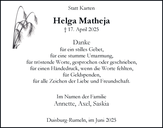 Traueranzeige von Helga Matheja von Tageszeitung