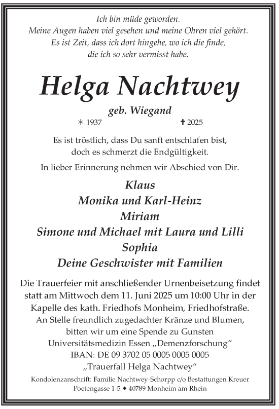 Traueranzeige von Helga Nachtwey von Tageszeitung