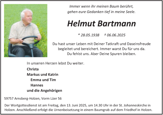 Traueranzeige von Helmut Bartmann von Tageszeitung