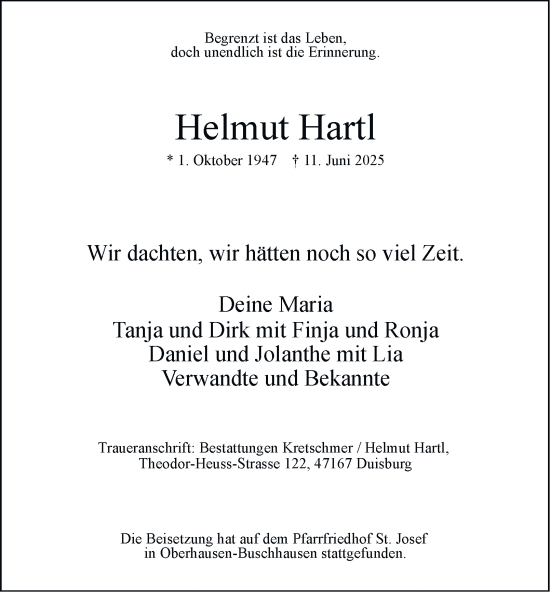 Traueranzeige von Helmut Hartl von Tageszeitung