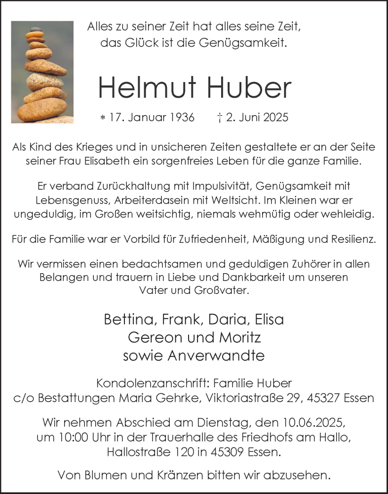  Traueranzeige für Helmut Huber vom 07.06.2025 aus Tageszeitung