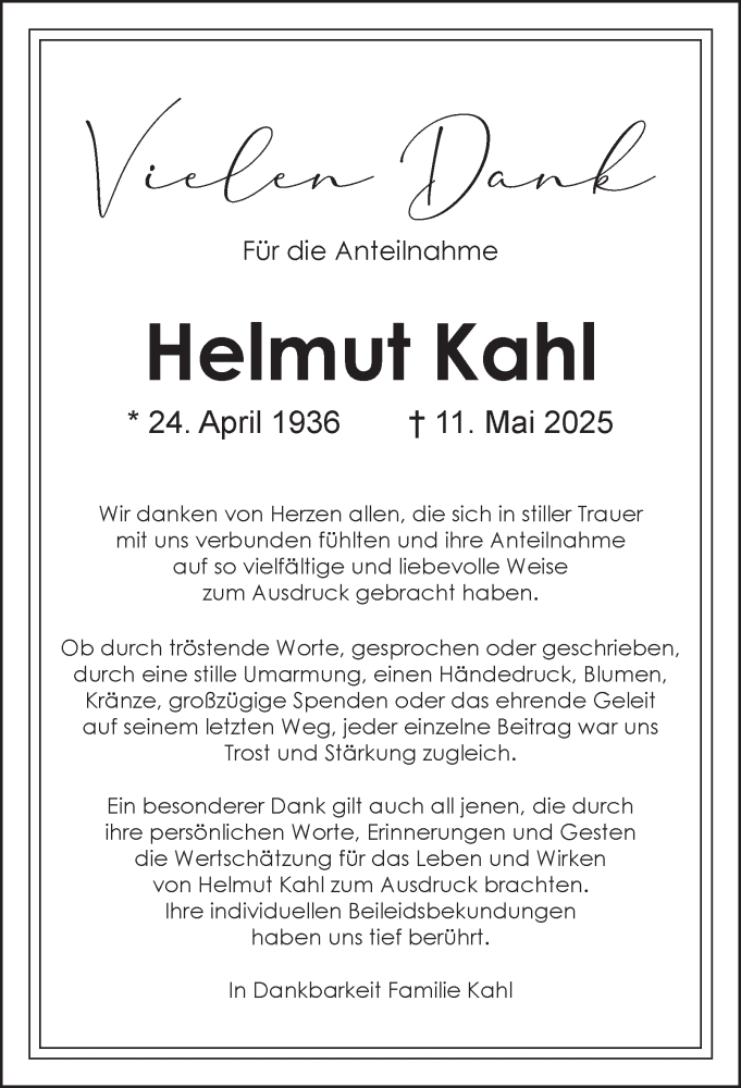  Traueranzeige für Helmut Kahl vom 14.06.2025 aus Tageszeitung