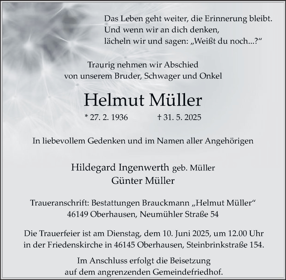  Traueranzeige für Helmut Müller vom 07.06.2025 aus Tageszeitung