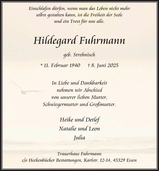 Traueranzeige von Hildegard Fuhrmann von Tageszeitung