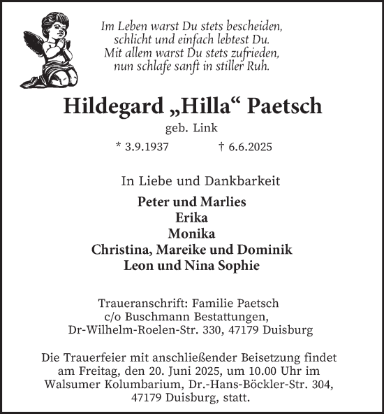 Traueranzeige von Hildegard Paetsch von Tageszeitung