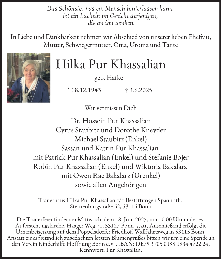  Traueranzeige für Hilka Pur Khassalian vom 07.06.2025 aus Tageszeitung