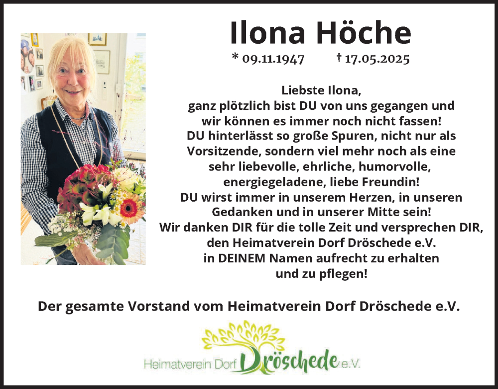  Traueranzeige für Ilona Höche vom 07.06.2025 aus Tageszeitung