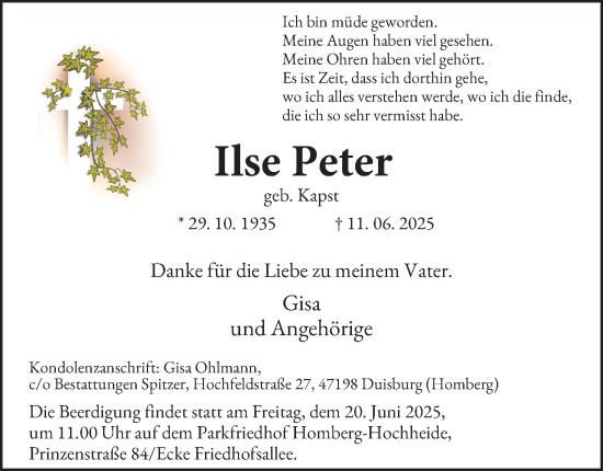 Traueranzeige von Ilse Peter von Tageszeitung