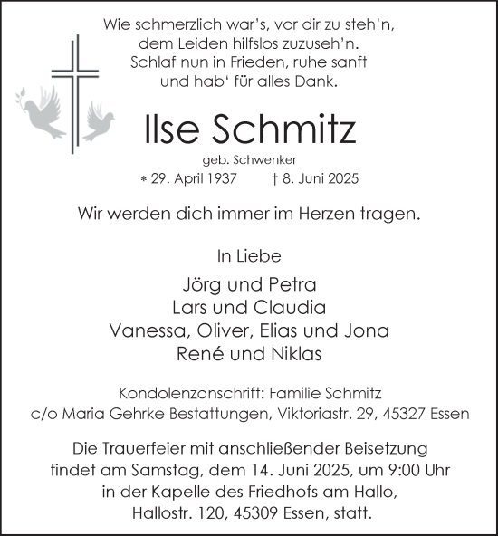 Traueranzeige von Ilse Schmitz von Tageszeitung