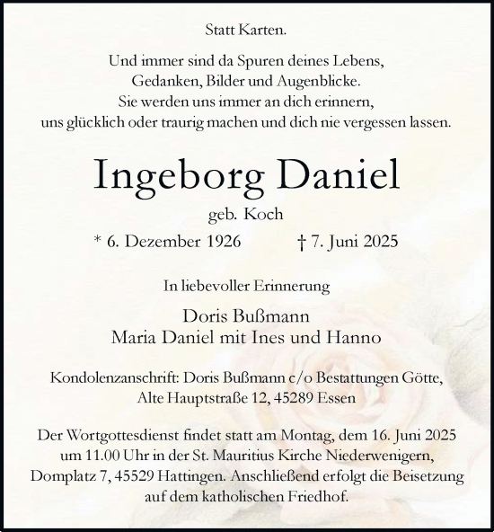 Traueranzeige von Ingeborg Daniel von Tageszeitung