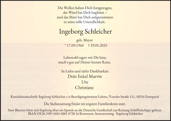 Traueranzeige von Ingeborg Schleicher von Tageszeitung