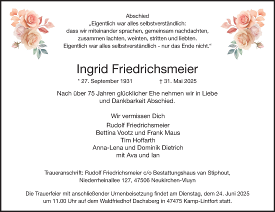 Traueranzeige von Ingrid Friedrichsmeier von Tageszeitung