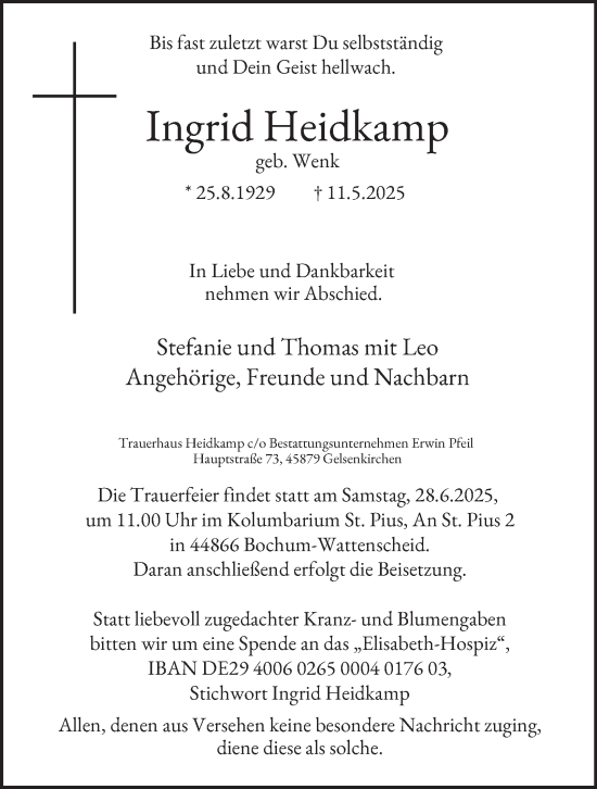 Traueranzeige von Ingrid Heidkamp von Tageszeitung