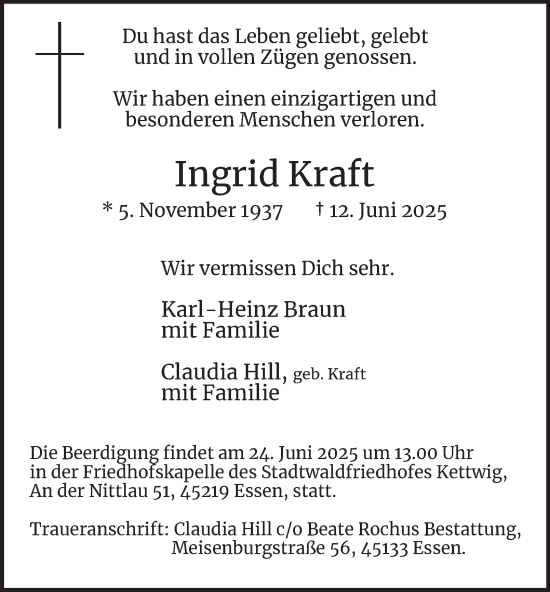 Traueranzeige von Ingrid Kraft von Tageszeitung