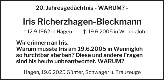 Traueranzeige von Iris Richerzhagen-Bleckmann von Tageszeitung