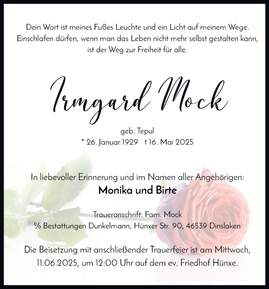 Traueranzeige von Irmgard Mock von Tageszeitung