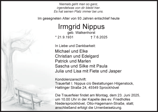 Traueranzeige von Irmgrid Nippus von Tageszeitung