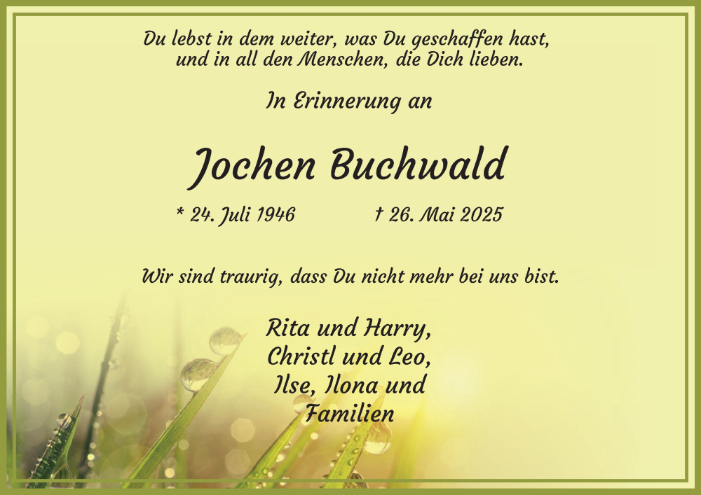  Traueranzeige für Jochen Buchwald vom 05.06.2025 aus Tageszeitung