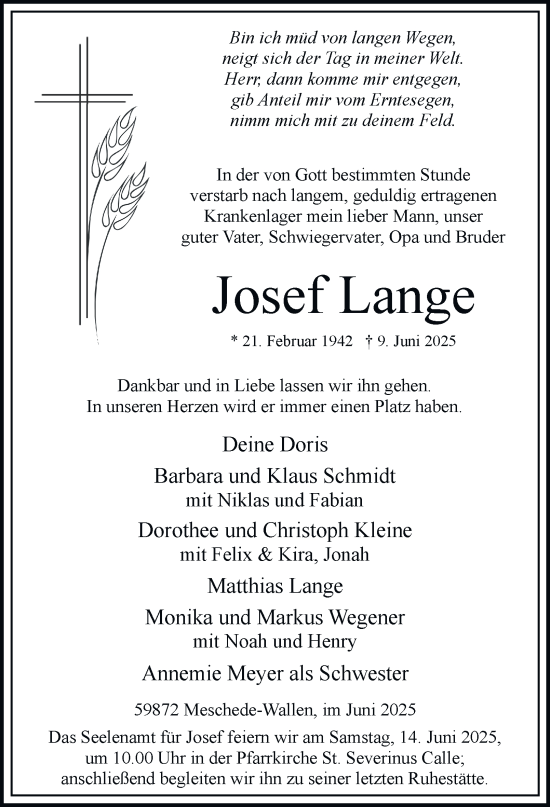 Traueranzeige von Josef Lange von Tageszeitung