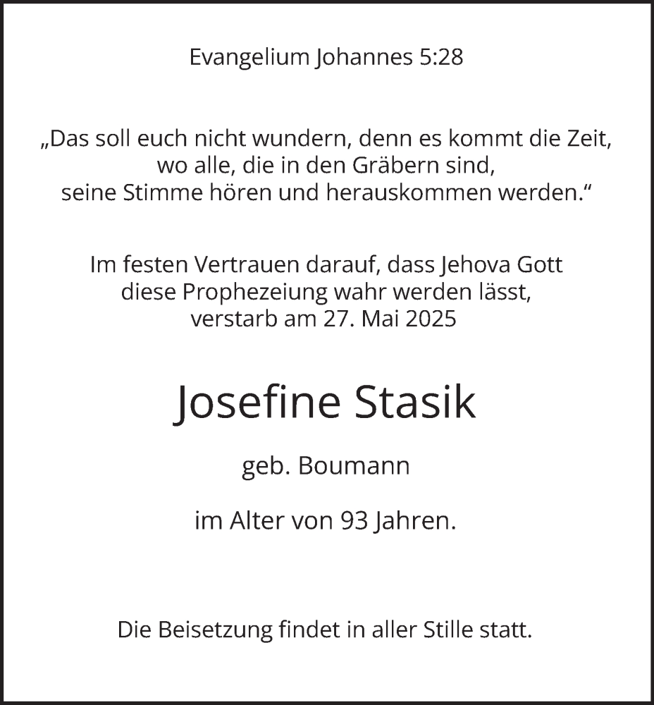  Traueranzeige für Josefine Stasik vom 07.06.2025 aus Tageszeitung