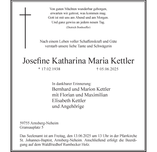 Traueranzeige von Josefine Katharina Maria Kettler von Tageszeitung