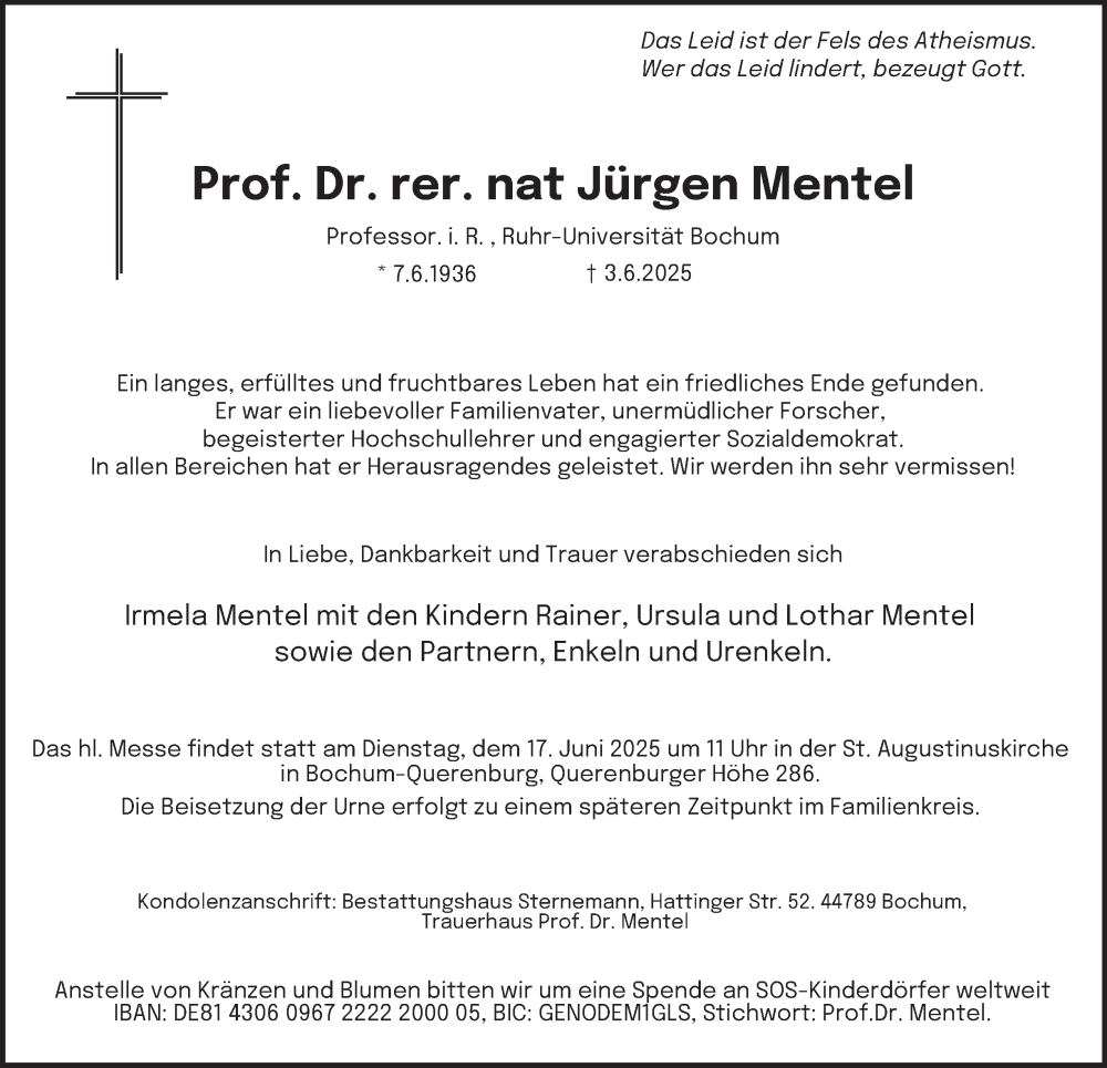  Traueranzeige für Jürgen Mentel vom 07.06.2025 aus Tageszeitung