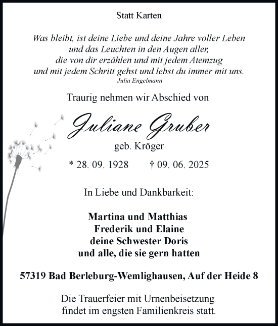 Traueranzeige von Juliane Gruber von Tageszeitung