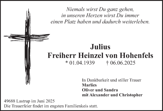 Traueranzeige von Julius Heinzel von Hohenfels von Tageszeitung