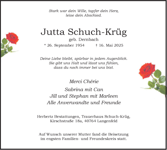 Traueranzeige von Jutta Schuch-Krüg von Tageszeitung