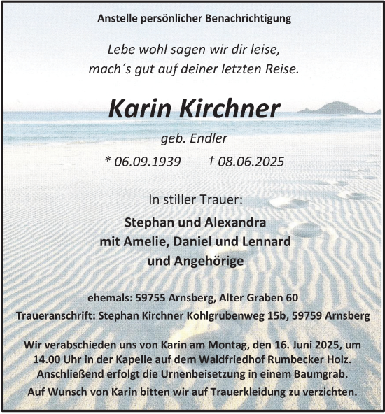 Traueranzeige von Karin Kirchner von Tageszeitung