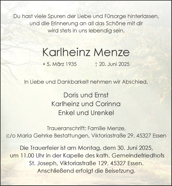 Traueranzeige von Karlheinz Menze von Tageszeitung