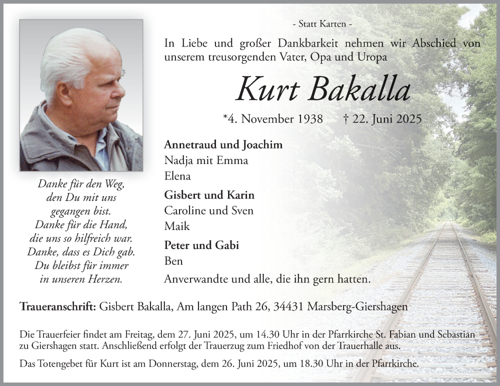  Traueranzeige für Kurt Bakalla vom 25.06.2025 aus Tageszeitung