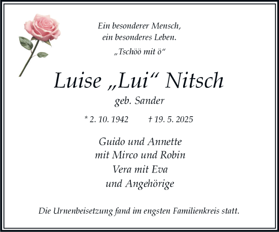 Traueranzeige von Luise Nitsch von Tageszeitung