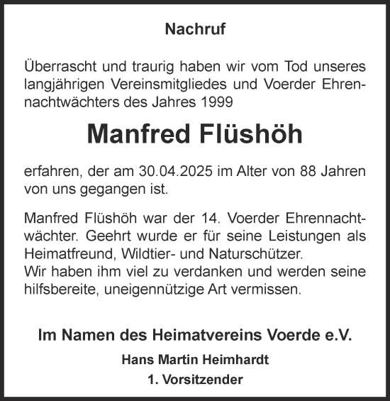 Traueranzeige von Manfred Flüshöh von Tageszeitung