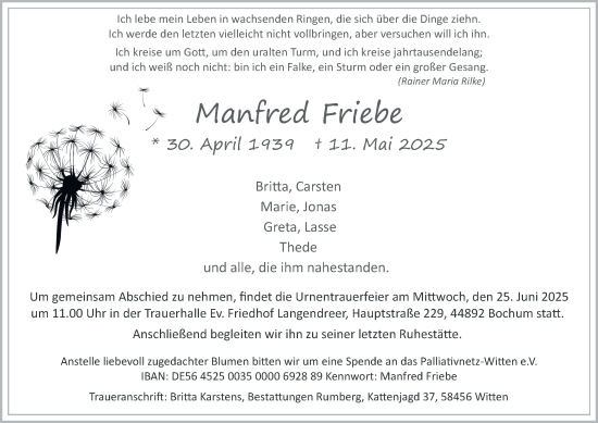 Traueranzeige von Manfred Friebe von Tageszeitung