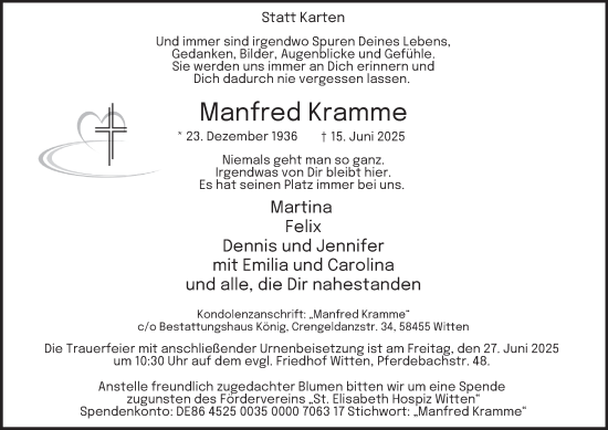 Traueranzeige von Manfred Kramme von Tageszeitung