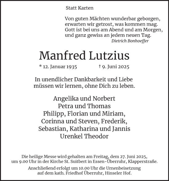 Traueranzeige von Manfred Lutzius von Tageszeitung