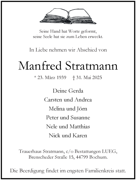 Traueranzeige von Manfred Stratmann von Tageszeitung