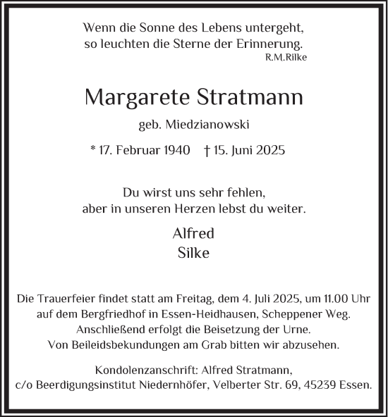 Traueranzeige von Margarete Stratmann von Tageszeitung