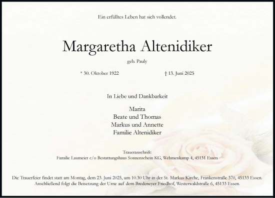 Traueranzeige von Margaretha Altenidiker von Tageszeitung