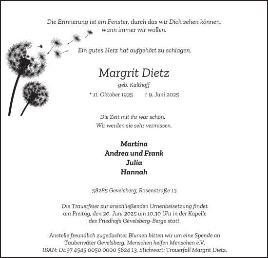 Traueranzeige von Margrit Dietz von Tageszeitung