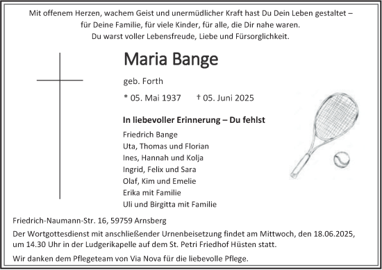 Traueranzeige von Maria Bange von Tageszeitung