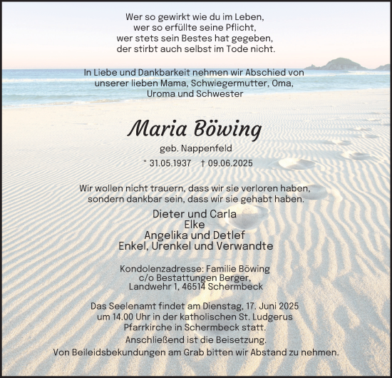 Traueranzeige von Maria Böwing von Tageszeitung