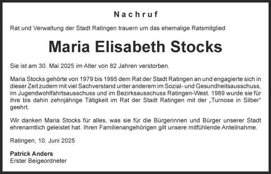 Traueranzeige von Maria Elisabeth Stocks von Tageszeitung