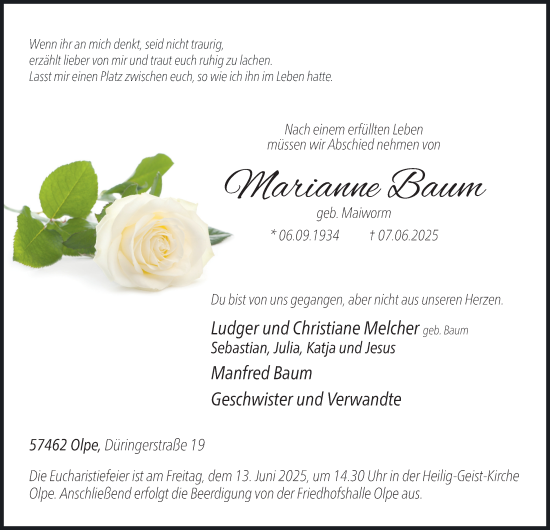 Traueranzeige von Marianne Baum von Tageszeitung